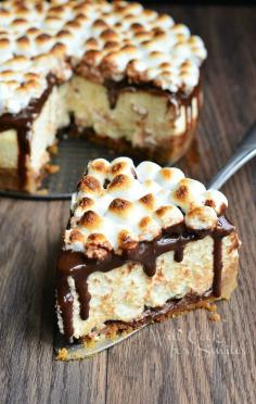 SMores Cheesecake - Smooth cheesecake topped with hot fudge sauce and toasted marshmallows. OMG