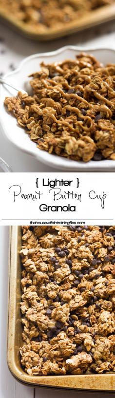 A lighter spin on granola that is filled with peanut butter and chocolate chips! This Lighter Peanut Butter Cup Granola tastes like a bite of your favorite candy! #granola #peanutbuttercup #healthy #glutenfree (via thehousewifeintrainingfiles.com)