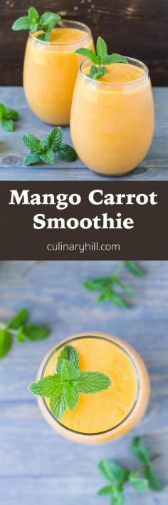This vibrant smoothie gets its healthy orange glow from both mangos and carrots! This Mango Carrot Smoothie is only 4-ingredients yet deliciously sweet. #weightlosssmoothies