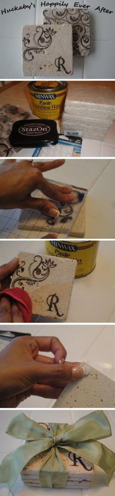 Great Christmas Gift Idea! Cheap and Easy Stamped Coasters made from affordable Bathroom Tiles. This blog shows step-by-step how to make these. Great gift to give for house warming, bridal/wedding, Christmas, etc. So cute and useful!