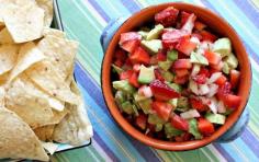 Strawberry Avocado Salsa  1 cup finely diced fresh strawberries  1 cup finely diced avocado (1 medium)  1/2 cup finely chopped sweet onion  2 tsp freshly squeezed lime juice  2 tsp finely chopped jalapeño, seeds and ribs removed  Tortilla chips, for dipping  Combine all of the ingredients (except tortilla chips) in a medium bowl. Serve immediately with the tortilla chips. Serves 4.