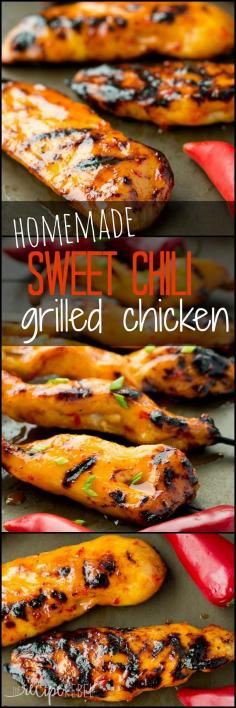 
                    
                        Homemade Sweet Chili Grilled Chicken: Grilled chicken with homemade sweet chili sauce – the perfect sweet and spicy combo! Make it as spicy or as mild as you want. Great straight on the grill or on skewers or kabobs (or kebabs)! www.thereciperebe...
                    
                