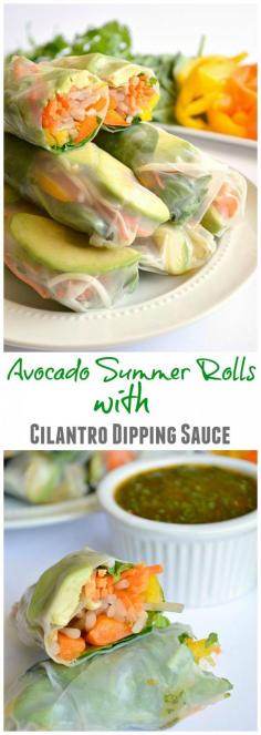 
                    
                        Avocado Summer Rolls served with a Sweet ‘N Spicy Cilantro Dipping Sauce.  A healthy alternative to the fried egg rolls served in restaurants.
                    
                