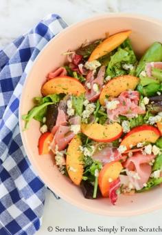 An easy to make salad perfect for summer! Nectarine Summer Salad With Prosciutto Blue Cheese And Lemon Rosemary Thyme Vinaigrette will be a new summertime fav!
