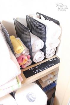 Linen Closet Organization – Maximizing Small Spaces » The Real Thing with the Coake Family- love this idea for washcloths