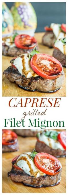 Caprese Grilled Filet Mignon - top perfectly grilled steaks with the classic salad of tomatoes, fresh mozzarella, and basil for a perfect summer dinner. #GrillTalk #SundaySupper | cupcakesandkalechips.com | gluten free, low carb recipe