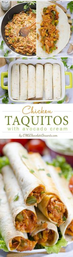 Chicken Taquitos with Avocado Cream , perfect chicken recipe for any occasion. #chicken #avocado #recipes