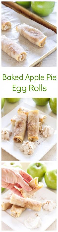 Baked Apple Pie Egg Rolls - a fun dessert with homemade apple pie filling, egg rolls and cinnamon whipped cream!
