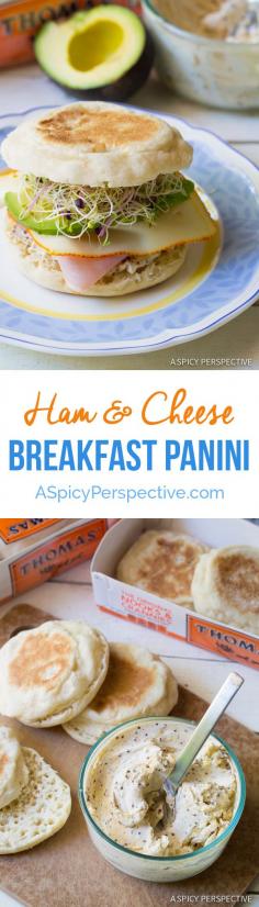 
                    
                        Fresh and Fabulous Ham and Cheese Breakfast Panini - Toasted English Muffins topped with savory cream cheese spread, ham, melted cheese, and avocado. Breakfast Sandwich Recipe
                    
                