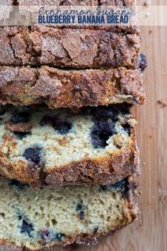 Cinnamon Sugar Blueberry Banana Bread is a great way to use overripe bananas! Easy and foolproof this quick bread is full of blueberries and cinnamon sugar! | Crazy for Crust