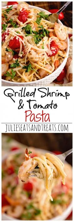 
                    
                        Grilled Shrimp & Tomato Pasta ~ Quick and Delicious Pasta Recipe Loaded with Seasoned Shrimp, Cherry Tomatoes and Parmesan Cheese! ~ www.julieseatsand...
                    
                