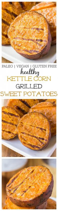 Kettle Corn Grilled Sweet Potatoes- A delicious, quick and easy side dish for the sweet potato fans out there- A sweet and salty spice rub take these grilled sweet potatoes to the next level- Perfect for grilling season or an easy weeknight meal the whole family would love! Naturally paleo, gluten free and vegan! @thebigmansworld - thebigmansworld.com