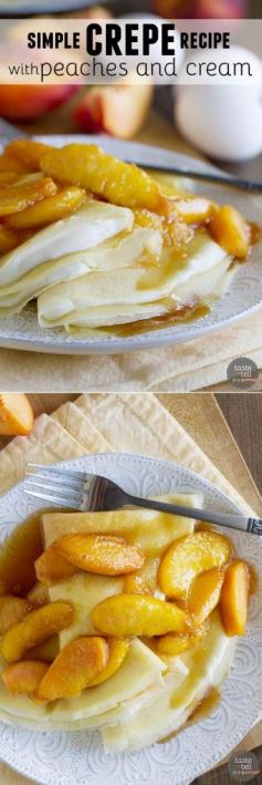 
                    
                        Crepes are a piece of cake with this Simple Crepe Recipe with Peaches and Cream! Homemade crepes are filled with a cream cheese mixture and topped with fresh sautéed peaches for a delicious dessert or decadent breakfast.
                    
                