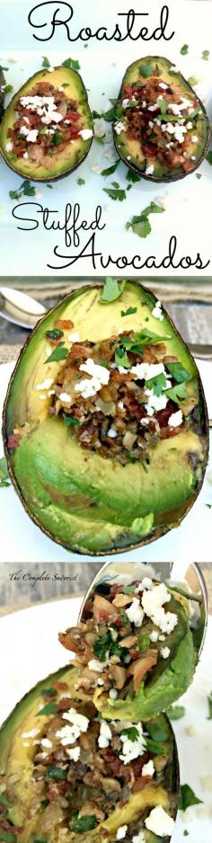 Roasted Stuffed Avocados ~ Avocados stuffed with sautéed bacon, mushrooms, onions and jalapeños, roasted and then garnished with cilantro and queso fresco. ~ The Complete Savorist