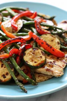 Honey Balsamic Grilled Chicken and Vegetables: grilled chicken breast, zucchini, red peppers and asparagus topped with a honey balsamic dressing.