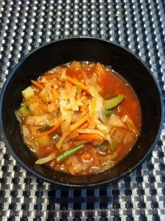John loves this soup! Cabbage and Veggie Soup (Weight Watchers recipe with zero points). I like to make this adding in Rotel tomatoes or canned tomatoes and red pepper flakes for some extra spice. #lunch #recipes #soup #recipe #food