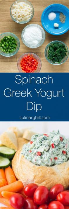 
                    
                        This lightened up Spinach Greek Yogurt Dip is ready in 10 minutes and full of fresh flavors! Serve with veggies for a naturally gluten free snack anytime.
                    
                