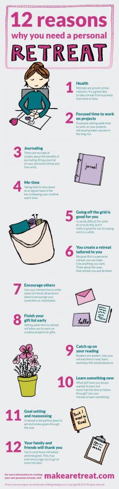 
                    
                        12 Reasons Why You Need a Personal Retreat - an infographic sharing why retreats are so great for you. Learn more about HOW to make your own retreats at makearetreat.com
                    
                