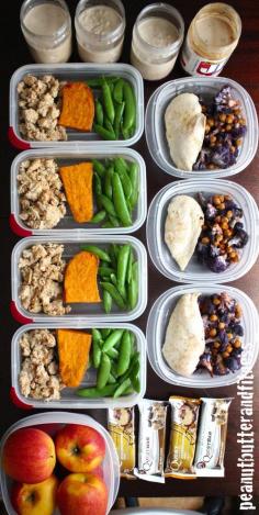 Meal prep Monday ideas - meal prepping to save time and money! This week's menu: Baked chicken with Spicy Garlic Roasted Cauliflower and Chickpeas; Ground turkey with baked sweet potato and steamed sugar snap peas; Peanut butter and jelly overnight oats. Recipes and nutrition info are included!