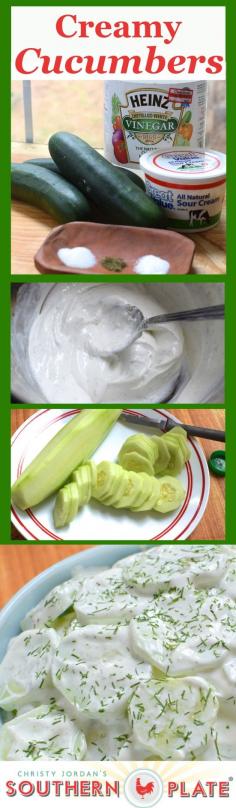 Traditional Fresh Cucumber Salad in a Light Sour Cream Dressing - Use fat free sour cream and add thinly sliced red onion...Absolutely Delicious! http://www.southernplate.com