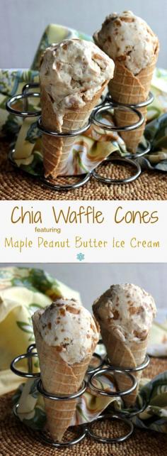 Chia Waffle Cones are mildly sweet and will hold as much ice cream as you want. Sturdy yet tender cones are pressed in an easy to find waffle cone maker. ~ http://veganinthefreezer.com