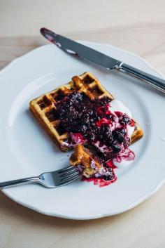 
                    
                        honey cornmeal waffles with blackberry syrup
                    
                