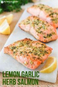 We have an easy baked fish recipe for you - baked lemon garlic herb crusted salmon. This fish is light and flaky and it only takes 10 minutes to bake.