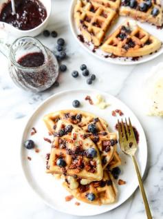 Crispy Bacon Waffles with Bourbon Butter and Blueberry Syrup