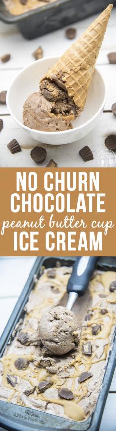 No Churn Chocolate Peanut Butter Cup Ice Cream - This simple and amazing ice cream doesn't need an ice cream maker, for a rich chocolatey ice cream full of peanut butter cups and peanut butter swirls!