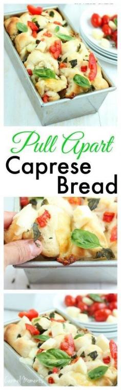 Pull Apart Caprese Bread - Delicious homemade dough topped with fresh tomatoes, basil and mozzarella. This bread makes the perfect summer appetizer!