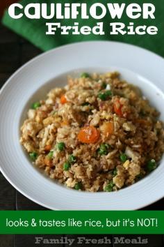 Cauliflower Fried Rice - - 3 cups of grated raw cauliflower (use a cheese grater or food processor) - 1/2 cup frozen peas - 1/2 cup carrots, thinly sliced - 3-4 garlic cloves, minced - 1/2 cup onion, diced - 1/2 TBSP olive oil - 2 eggs (or 4 egg whites) scrambled - 3 TBSP soy sauce