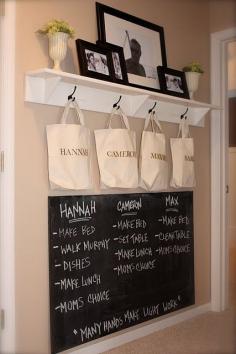 DIY: cute "family command center" idea. Personalized totes for each child (a chore board made with chalkboard paint! Pinned for my friends with kids (a lot who have kids that don't help at all!) Great idea!