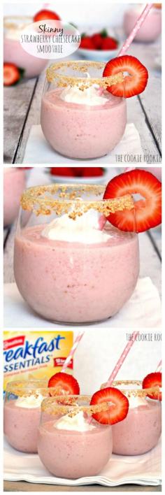 Skinny Strawberry Cheesecake Smoothie! Best way to start the day! (EASY) YUM! - The Cookie Rookie #recipe #smoothie #fruit #healthy #yum