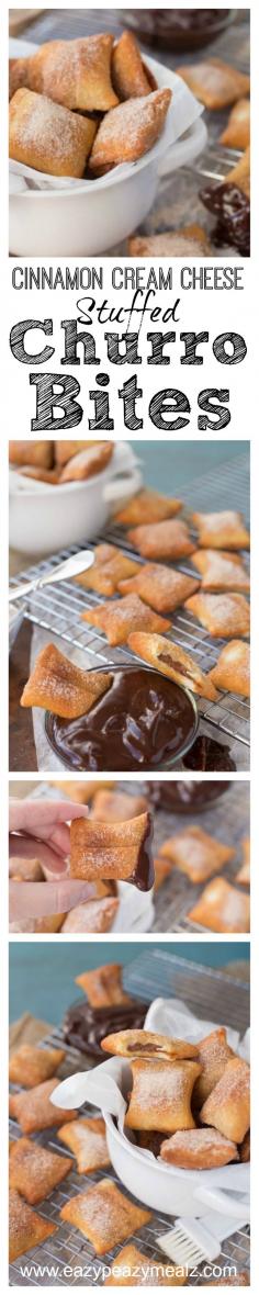 Cinnamon cream cheese stuffed inside puff pastry, fried, then rolled in cinnamon and sugar and dunked in chocolate ganache. These Stuffed Churro Bites will rock your socks! Churro bites with chocolate ganache- Eazy Peazy Mealz