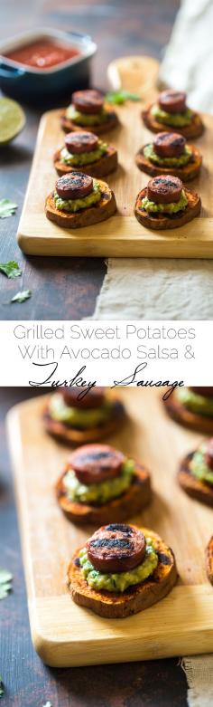 Spicy Grilled Sweet Potatoes with Avocado Salsa and Turkey Sausage - Grilled Sweet Potatoes are covered with creamy, smooth avocado salsa and turkey sausage for a quick, easy and healthy appetizer! Perfect for summer entertaining! | Foodfaithfitness.com | @FoodFaithFit