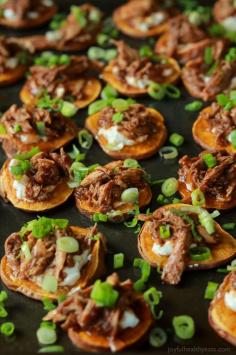 BBQ Pulled Pork Sweet Potato Bites are sure to be a family favorite. Topped with creamy whipped goat cheese and moist BBQ Pulled Pork with a few secret ingredients - you'll be addicted after one! | joyfulhealthyeats.com #appetizer #gameday #recipes