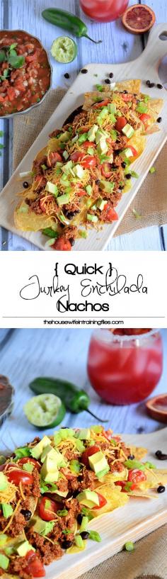 Quick and flavorful Enchilada Nachos with spiced, lean ground turkey makes these loaded nachos a crowd pleaser! #glutenfree #Mexican #healthy #nachos #pll