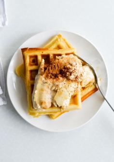 Crispy waffles topped with bananas baked in ricotta and cream. Simple, but so good and perfect for a weekend brunch.