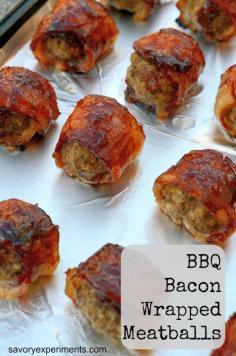 There is nothing better than meatballs bubbling in BBQ sauce or bacon, so why not bind the two together? Don't miss these BBQ Bacon Wrapped Meatballs! | Featured on The Best Blog Recipes