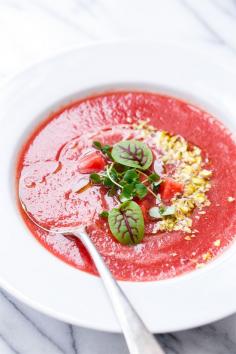 
                    
                        A perfect quick & easy summer soup: Tomato & Watermelon Gazpacho with Pistachios and Basil Oil. No cooking required!
                    
                