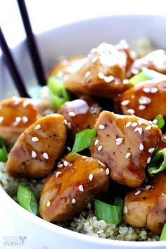 (Lighter!) Sesame Chicken with Quinoa Recipe | gimmesomeoven.com: replace soy sauce for gluten free soy sauce/tamari and good to go!
