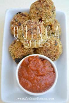 Italian Quinoa Bites | Fork and Beans    Gluten,eggs,& Dairy Free    For the bread coating:      1 cup Rice Chex      1/2 tsp basil      1/2 tsp oregano      1/2 tsp thyme    For the Quinoa Bites:        1/2 c. dried quinoa, cooked with 1 c. water      2 Tb gluten-free flour      1 Tb flaxseed meal + 2 Tb water, let sit for 5-7 min      1 Tb sundried tomatoes (in oil), diced      1 Tb non-dairy cheese of choice (optional)      4 fresh basil leaves, chopped finely      1 tsp non-dairy milk