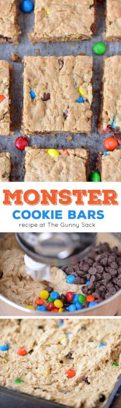 Monster Cookie Bars are so much easier to make than cookies! This recipe includes all your favorites...oatmeal, peanut butter, M&M's and chocolate chips.
