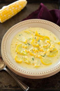 Summer Squash and Corn Chowder - this soup is summer in a bowl and you have to try it! It's so creamy and completely delicious! It's also topped with cheddar cheese, bacon and green onions.
