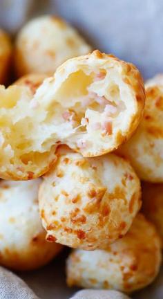 B = Bacon Parmesan Gougeres - cheesy and savory Gougeres or French cheese puffs recipe. Every bite is loaded with bacon bits and Parmesan cheese, so good!