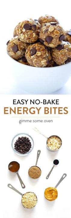 No Bake Energy Bites -- easy to make, full of protein, and perfect for breakfast, snacking, or dessert! | gimmesomeoven.com #HealthyEating #CleanEating #ShermanFinancialGroup