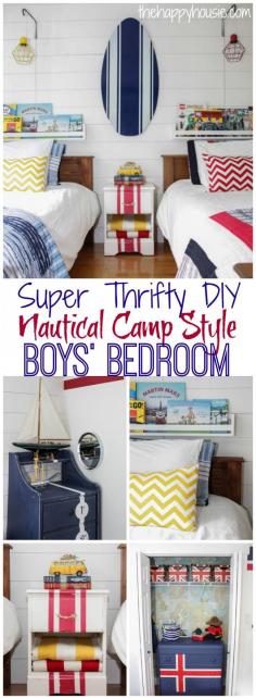 This adorable boys bedroom reveal is full of thrifty DIY ideas for creating a nautical camp style boys bedroom! | The Happy Housie