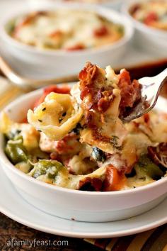 Baked Tortellini with Chicken Gratinati - Inspired by the dish at Bertucci's. Tomatoes, bacon, nutmeg, parmesan, fontina, basil, garlic, chicken, tortellini