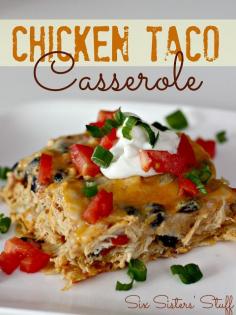 Chicken Taco Casserole Recipe by Six Sisters Stuff.   1 (10 oz) bag tortilla chips 2 (10.75 oz) cans cream of chicken soup (I used 98% fat free) 1 1/2 cups sour cream (I used light) 1 (14 oz) can diced tomatoes and green chilis (Ro-tel) 1 can black beans, rinsed and drained 1 (1 oz) packet taco seasoning 3 cups chicken, cooked and shredded  2 cups cheddar cheese