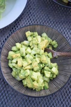 The easiest cucumber avocado salad in all the land. Can we even call this a recipe? 3 ingredients + 5 minutes= glorious summer side dish perfection.